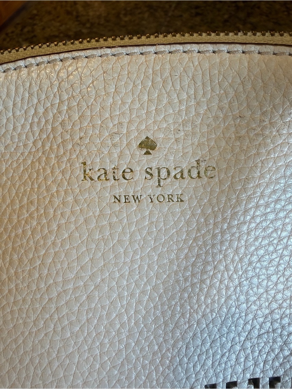 kate spade Pebbled Leather Tote in Light Cream with Gold Logo